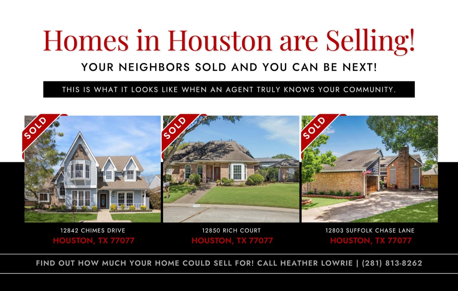 Just-sold postcard mailer designed for Heather Lowrie